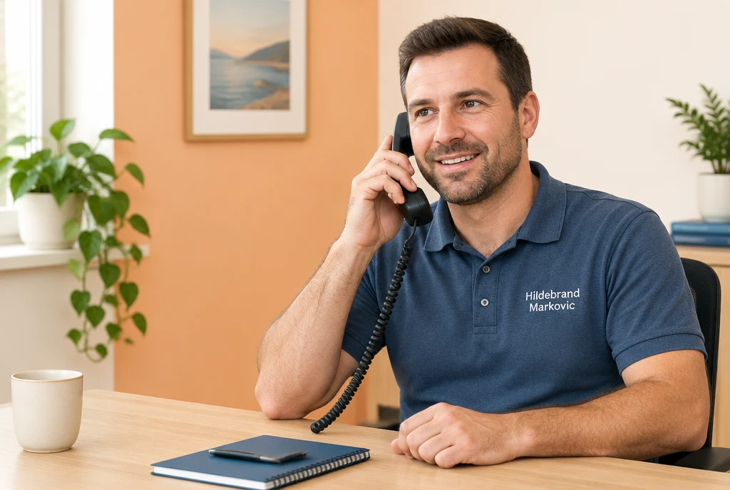 Freundlicher Ansprechpartner am Telefon mit Hildebrand-Markovic-Schriftzug auf dem Shirt